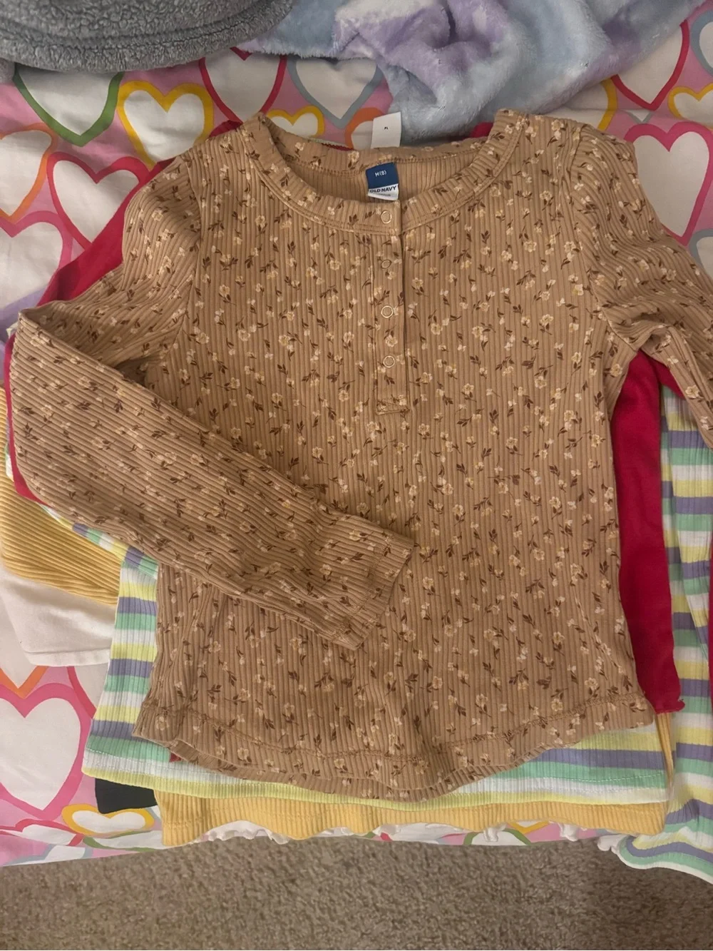 Old Navy Tan Ribbed Long-Sleeve Henley with Tiny Floral Print
